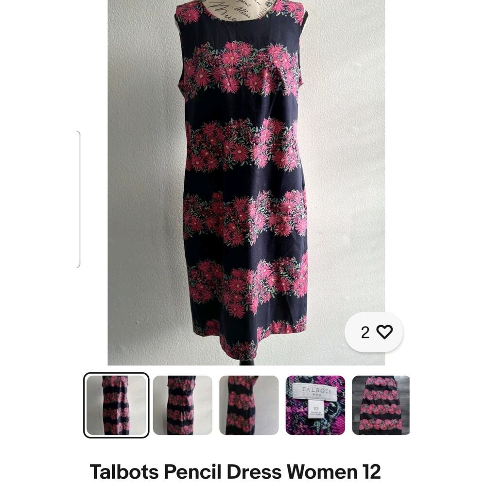 Talbots Navy/Pink Floral Sleeveless Sheath Dress woven cotton spandex sz 12 EUC